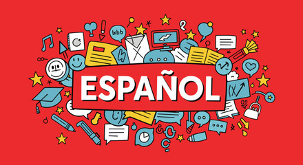 Obraz premium Spanish language learning banner with word Espanol surrounded by cultural and educational doodles on vibrant red background for study.