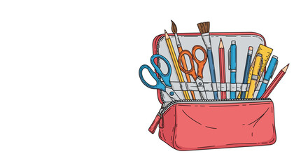 Pencil case filled with various school supplies like pens pencils scissors and ruler for student organization and back to school theme.
