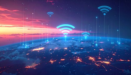 Earth globe view under a sky with communication network/wifi connection symbols rising from cities into the atmosphere