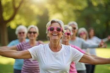 Retired seniors sporting pink flamingo sunglasses engage in outdoor exercise and mindfulness meditation amidst scenic park surroundings.