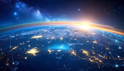 Earth glows with city lights, network connections and a bright sun rising over the planet's curve against dark space