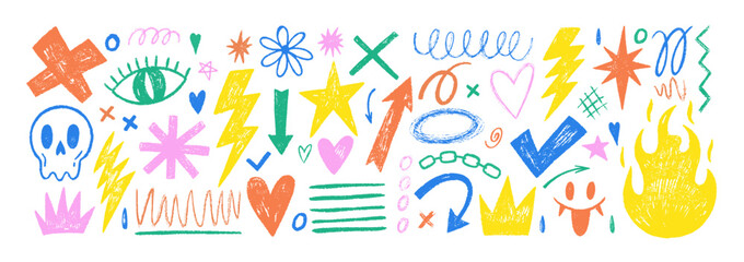 Hand-drawn fire flames stickers with punk crayon doodles, hearts, and graffiti-style markers in vibrant Y2K art aesthetic for street designs.