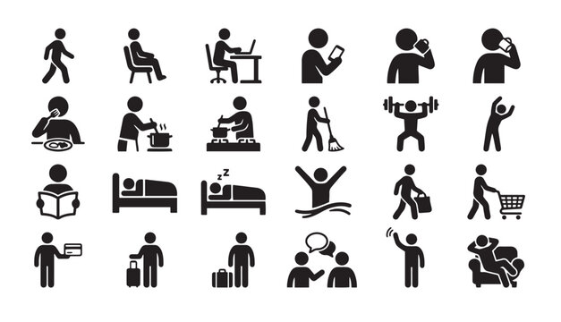 Daily routine and human activity vector icon set depicting lifestyle scenes