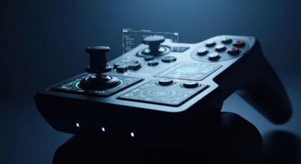 Sleek, futuristic game controller with digital displays and joysticks