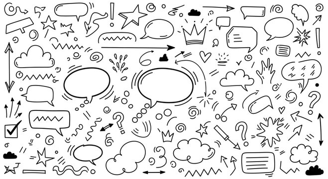 Hand-drawn vector doodle set with speech bubbles, thinking clouds, arrows, and decorative marks on a white background