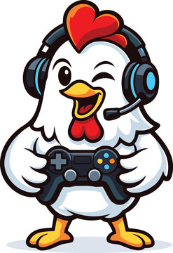 Funny Chicken Gamer Mascot with Headset and Game Controller Flat Vector Illustration