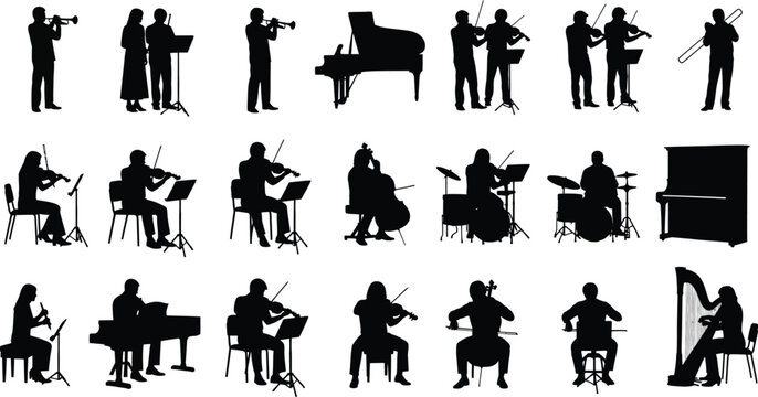 Silhouettes of classical orchestra musicians playing violin, cello, trumpet, piano, and harp on a white background