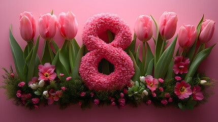 Floral arrangement featuring pink tulips and a pink number eight on a pink background for a celebration or special event women's day