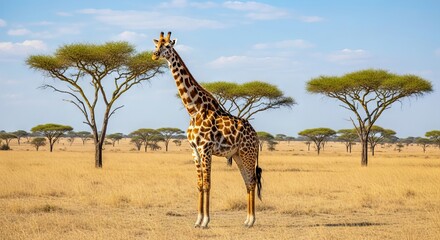 Obraz premium Giraffe standing tall on African savanna with long neck, patterned coat, and calm posture. The tallest land animal, symbolizing grace, uniqueness, and wildlife of Africa.