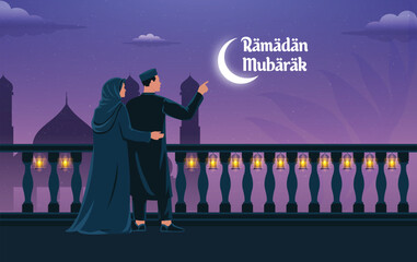Couple Celebrating Ramadan Mubarak with Crescent Moon