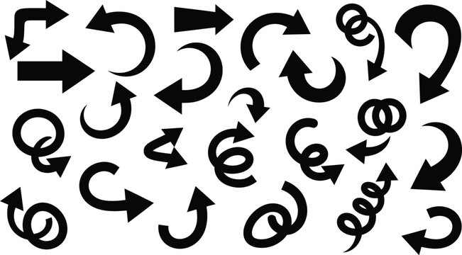 Assorted hand-drawn chunky black arrows and circular symbols for creative layout and ui design