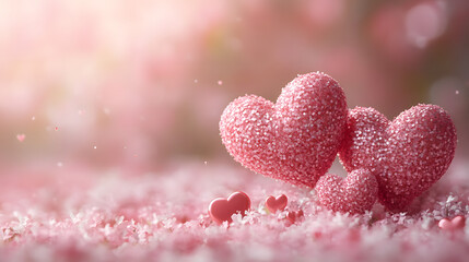 Three glittery hearts placed on a soft pink background with smaller hearts scattered around during a festive occasion