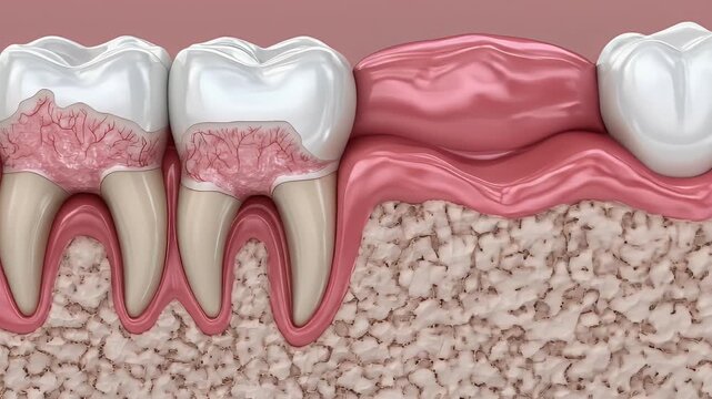 Medical illustration of diseased teeth and gums showing inflammation and decay with a close up view of the dental anatomy