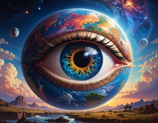 Earth planet eye amidst a vast skyscape, mountains, clouds, and serene landscape. Surreal and dreamy art