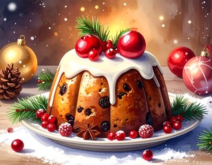 Festive Christmas pudding adorned with ornaments and red berries, atop a snowy plate in a bokeh-lit, brown setting