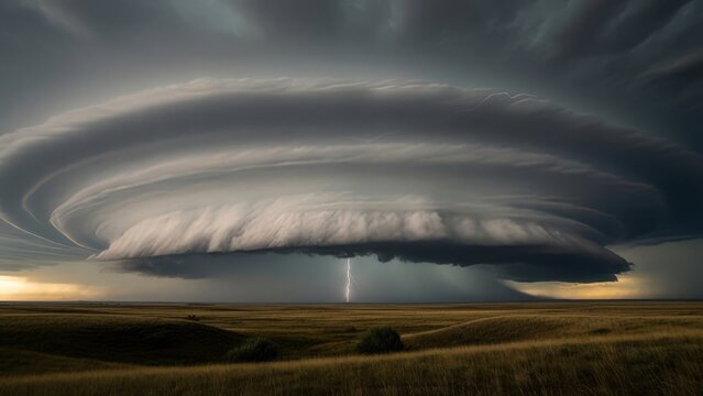 Powerful rotating supercell storm cloud hovering over vast golden prairie during sunset