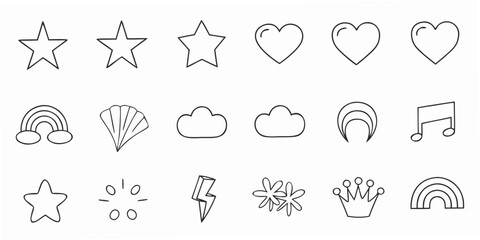 A collection of simple black and white hand drawn doodles and icons