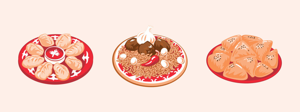 Uzbek traditional dishes vector illustration set - manti, pilaf, samsa