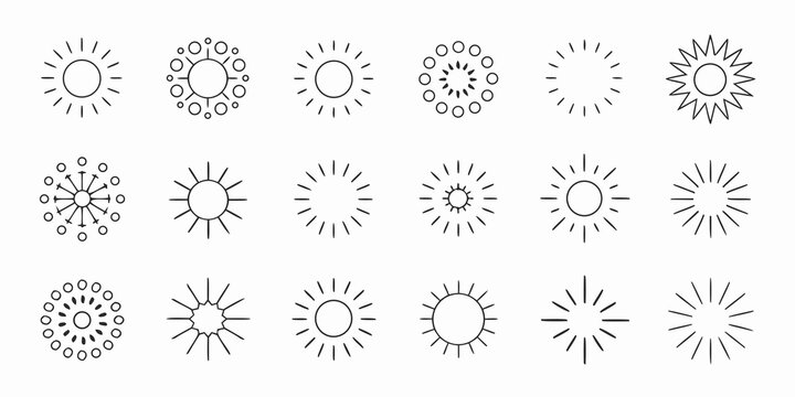 Collection of abstract sun or starburst line icons in various designs