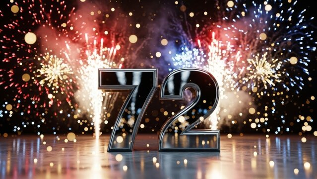 Celebratory fireworks explode around silver 72 logo on a reflective surface at night with vibrant colors