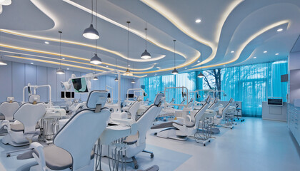 Obraz premium Exploring a modern dental clinic interior with sleek chairs, bright lighting, advanced technology, and clean white design from a wide-angle viewpoint