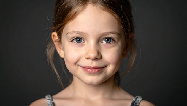 A young girl with a subtle smile and blue eyes looks directly at the camera
