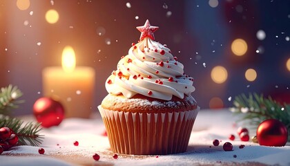 Festive cupcake with swirl icing, star topper, snow, candle, greens, red berries, and bokeh lights background