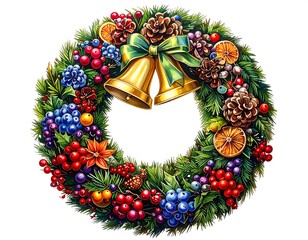 Festive Christmas wreath adorned with fruit, berries, pine cones, and golden bells tied with a green bow