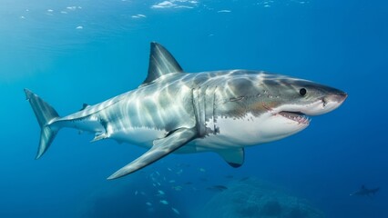 Obraz premium A great white shark glides through the blue ocean waters with a sharp gaze from a side viewpoint