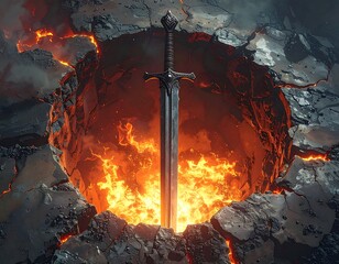 Forged in fire A sword pierces a hole, fiery below, surrounded by shattered stone and ominous skies