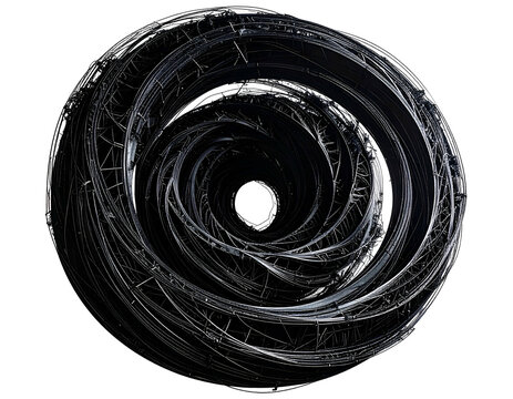 Complex, metallic spiral structure, creating a dark tunnel within sphere