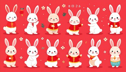 Festive, cute bunny illustrations in varying poses & colors against a red backdrop. Year 2026 shown