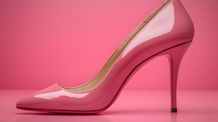 High heel shoe in pink color placed on a pink surface against a pink background during the day women's day