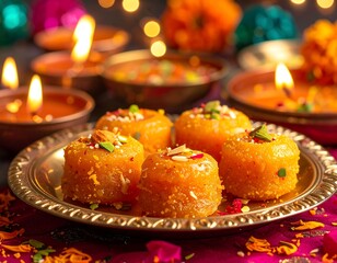 Festive dessert display; bright yellow sweets on a gold plate, surrounded by glowing candles and blurred, colorful decorations