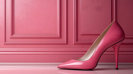 High heel shoe rests on a pink surface in a room with pink walls during daylight hours women's day