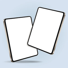 Two tablet with blank screens while levitating in the air on a blue background