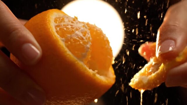 Close up of peeling fresh orange skin with juice mist spray, citrus zest and essential oil release, healthy organic fruit concept.