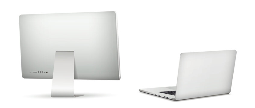 Modern computer display and laptop rear view isolated on white background