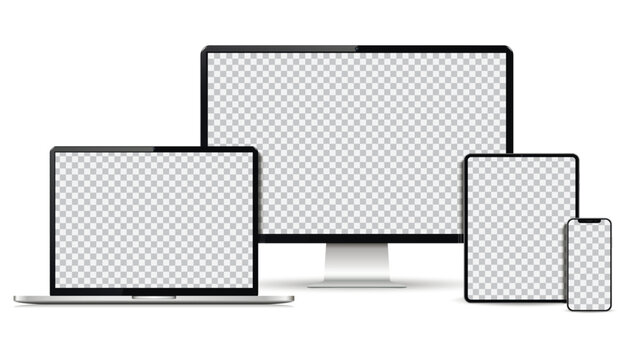 Realistic computer, laptop, tablet, smartphone mockup. Set technology devices with empty display. Vector illustration.