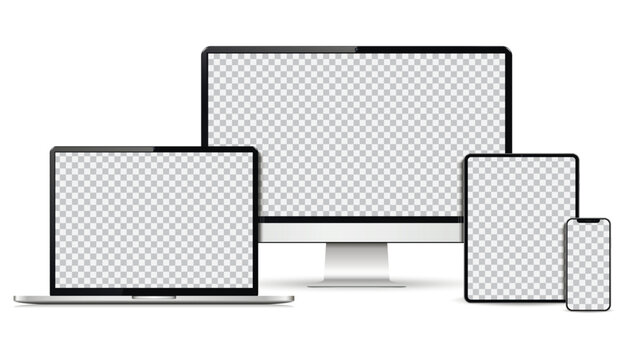 Realistic computer, laptop, tablet, smartphone mockup. Set technology devices with empty display