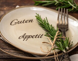 Festive dining "Guten Appetit" plate adorned with rosemary and fork atop rustic wooden table