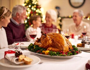 Festive family dinner around a table with a golden turkey and Christmas tree lights glowing softly in the background