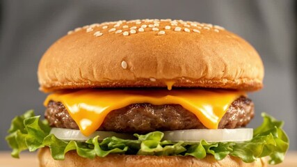Slow motion falling bun on a delicious gourmet cheeseburger, assembling fresh ingredients for fast food advertisement, juicy beef burger.