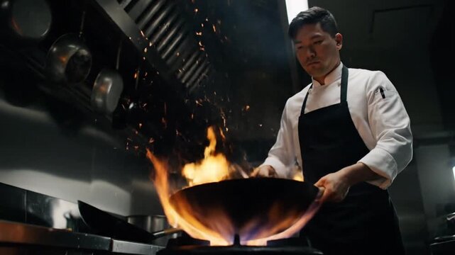 Professional chef tossing vegetables in flaming wok, wok hei stir fry technique with big fire, asian restaurant kitchen action.