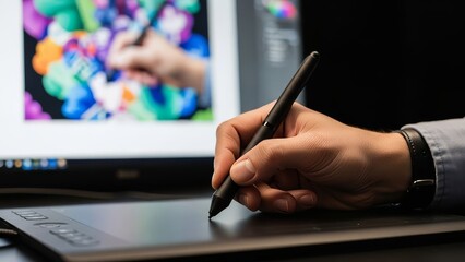 A person designs graphics on a digital tablet with a stylus in a modern workspace setting