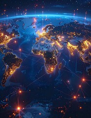 Earth viewed from space, featuring glowing lights and network connections across continents and oceans