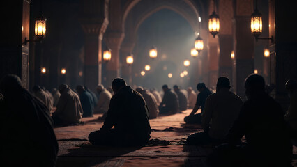Muslim men praying in a dimly lit mosque with traditional lanterns and arched architecture.