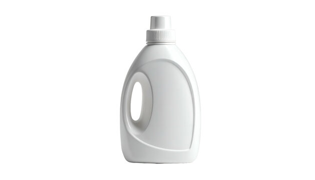 A minimalist, isolated, white plastic bottle with a handle, for cleaning or washing liquid