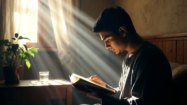 Young man engrossed in reading a book by the window with beautiful sun rays illuminating the room.