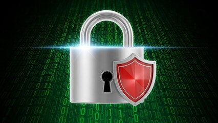 A digital padlock and shield symbolizing security and protection on a green binary code background viewed from the front